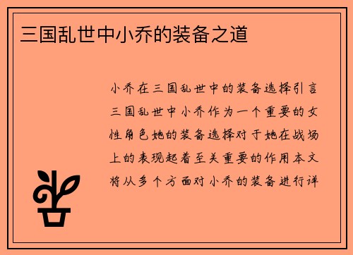 三国乱世中小乔的装备之道