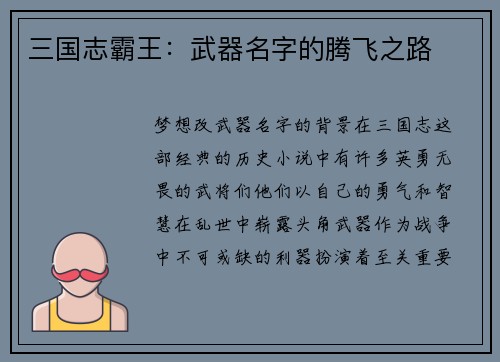 三国志霸王：武器名字的腾飞之路