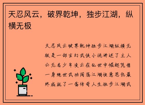 天忍风云，破界乾坤，独步江湖，纵横无极
